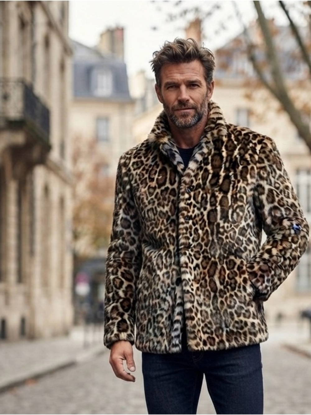 Men's Leopard Print Faux Fur Jacket - Brown